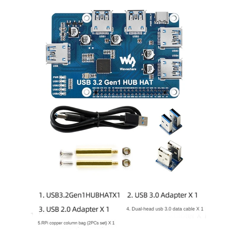 Waveshare USB 3.2 Gen1 HUB HAT 4-Channel USB 3.0 Expansion Port Driver-Free Plug&Play for Raspberry Pi 4B 3B+ 3B 2B Zero W WH