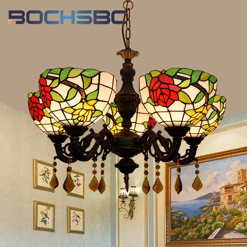 

BOCHSBC Tiffany style retro stained glass red rose 5 head crystal Pendant lamp Living room Dining Room Bar corridor LED decor