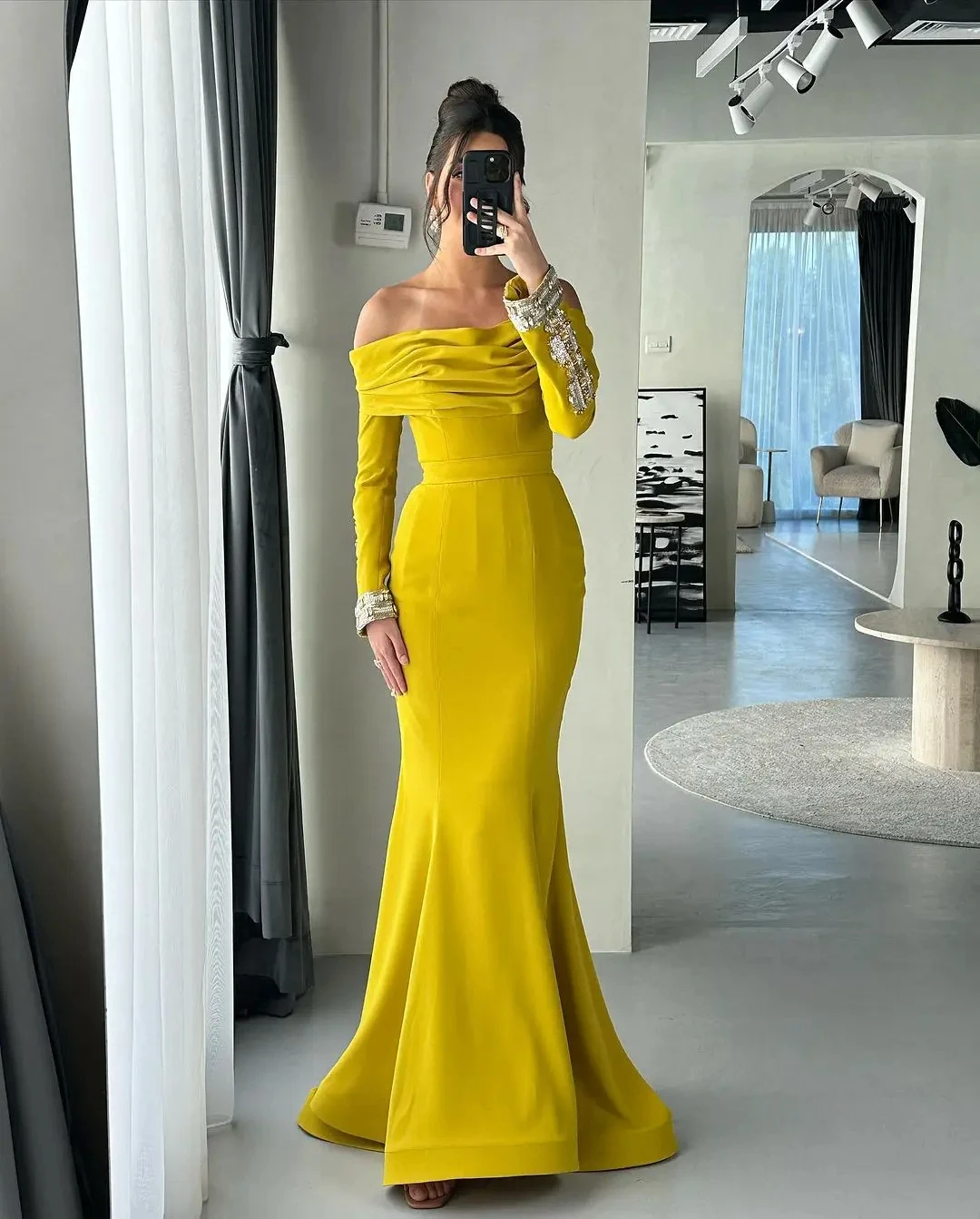 

New Off Shoulder Mermaid Evening Dresses Beads Crystal Long Sleeves Floor-Length Elegant Prom Dress Designed Formal Party Gowns