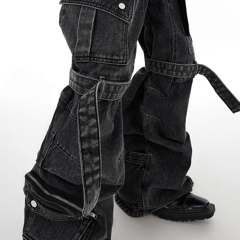 FEWQ Niche Washed Multi Pocket Jeans Strap Design Wide Leg Workwear Men Pants 2023 Autumn New Darkwear Fashion Trousers 24X1350