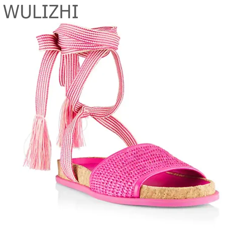 

Gal Flat Sandals Rose Pink Embroidery Tassel-Tie Ankle Straps Rubber Outsoles Raffia Gladiator Casual Patchwork Round Toe Shoes