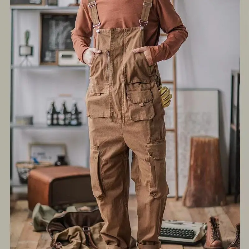 

Casual Overalls Men's Europe America Retro Multi-pocket Suspenders Bib Trousers All-match One-piece Straight Leg Jumpsuits