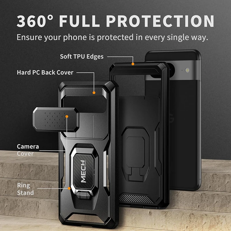 For Google Pixel 8 Case with Slide Camera Cover Ring Kickstand Military Grade Full-Body Shockproof Rugged Protection Phone Case