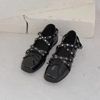 Punk Rivet Ballets Flats Shoes Women Cross Tie Strap Square Toe Mary Janes Shoes Ladies Bow Tie Elegant Fashion Red Loafers New 2