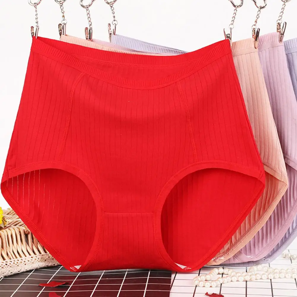 

Women Underpants Solid Color Elastic High Waist Sweat Absorption Moisture Wicking Anti-septic Anti-leak Plus Size Cotton Briefs