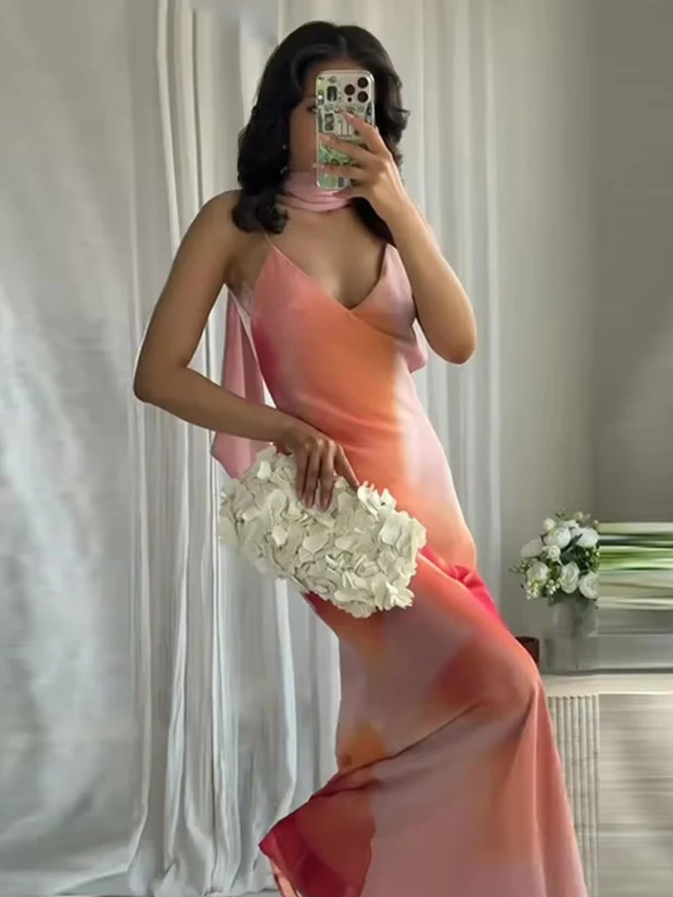 Elegant Tie-dye Gradient Print Sling Long Dress With Scarf Women Holiday Sleeveless Backless Evening Dress Summer 2025