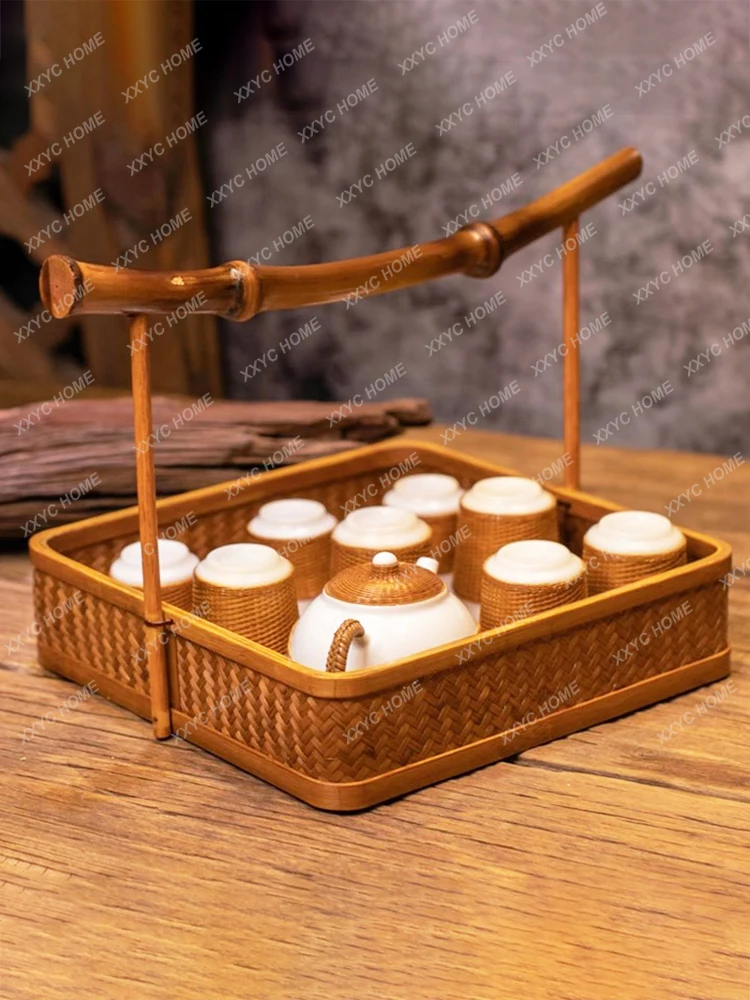 

Chinese Style Bamboo Handmade Bamboo Basket Portable Tea Tray Tea Cake Tray Storage Box