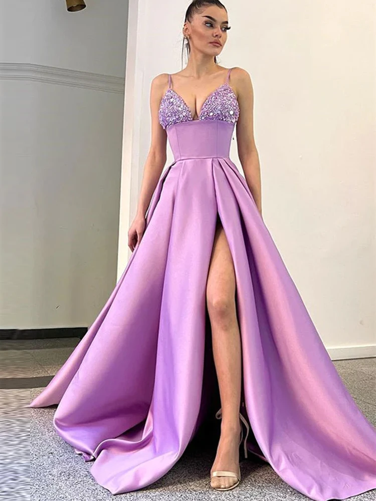 

A Line Spaghetti-Straps Split Sequins Evening Dresses Beaded vestiti donna Dresses for Women Elegant High Quality