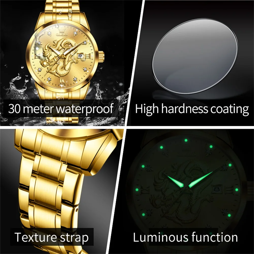 OLEVS 3619 Mens Watch Top Brand Fashion Original Quartz Watch for Man China Loong Dragon Dial Waterproof Luminous Date Reloj 4