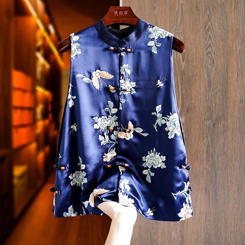 

Chinese Style Women Vest Traditional Gilet Summer Printing Champagne Waistcoat Oriental Ethnic Stand Collar Blue Sleeveless Top