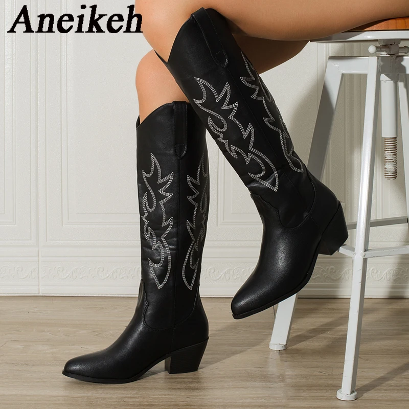 

Aneikeh 2024 Spring/Autumn Pointed Wedges Chelsea Boots Women's PU Ethnic Embroidered Paisley Knee-High Long Boots Party Dress