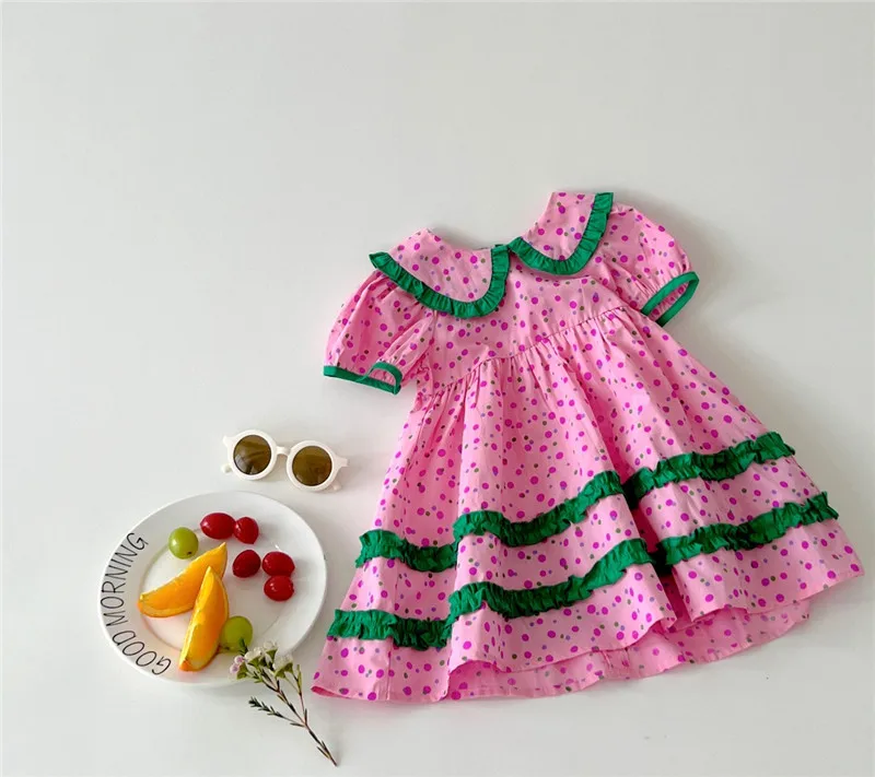 

2081C Children Clothes Girl Dress 2022 Summer New Korean Cute Short-sleeved Girl Dress Little Lapel Princess Dress