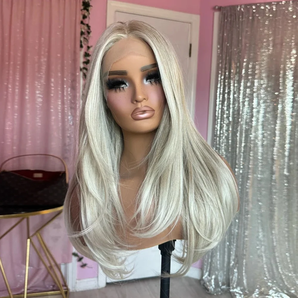 Creamy Ash Blonde Platinum Balayage Straight Wig Premium Human Hair Blend HD Invisible Lace Front Wig 13x4 Free Part
