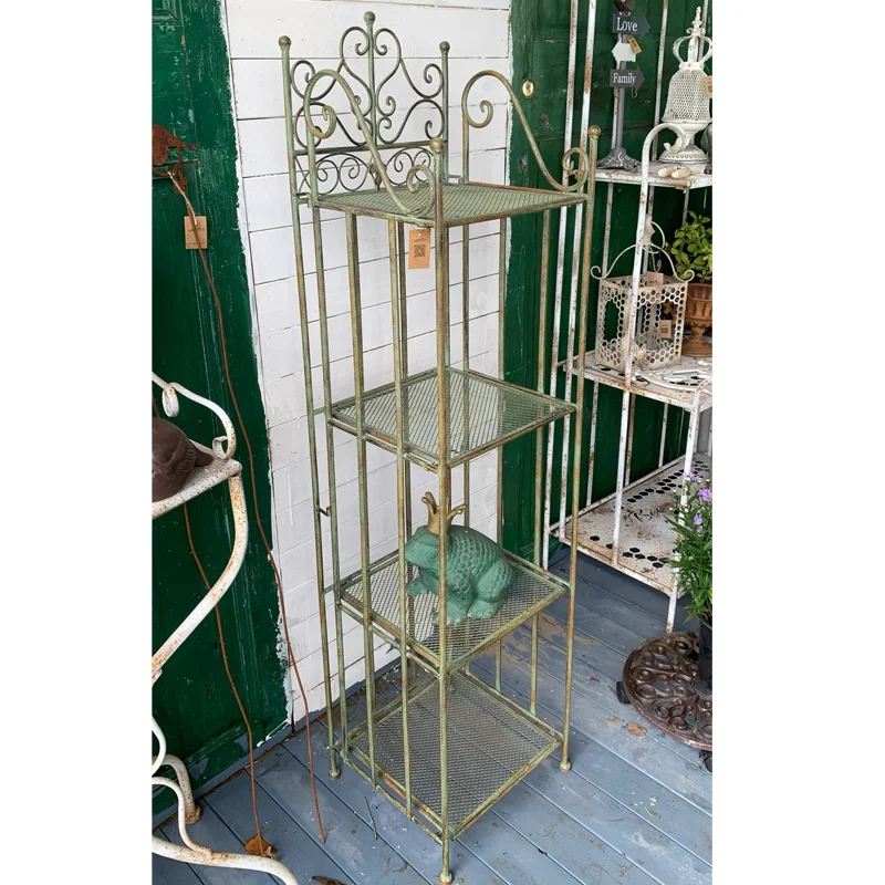 Elegant Vintage Charm: 4-Tier Rustic Green Metal Iron Shelf