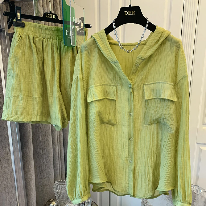 

Костюм женский из двух предметов, тонкая Свободная рубашка с капюшоном и шорты с эластичным поясом, модный однотонный повседневный костюм, весна-лето