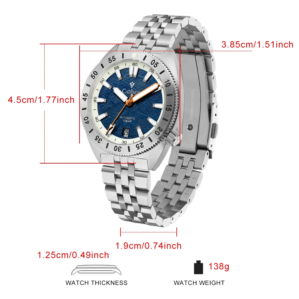 CADISEN Orologio Meccanico Automatico Uomo - Cassa Acciaio Inox 38mm, Vetro Zaffiro, Impermeabile 5 Bar, Quadrante Blu, Cinturino Acciaio