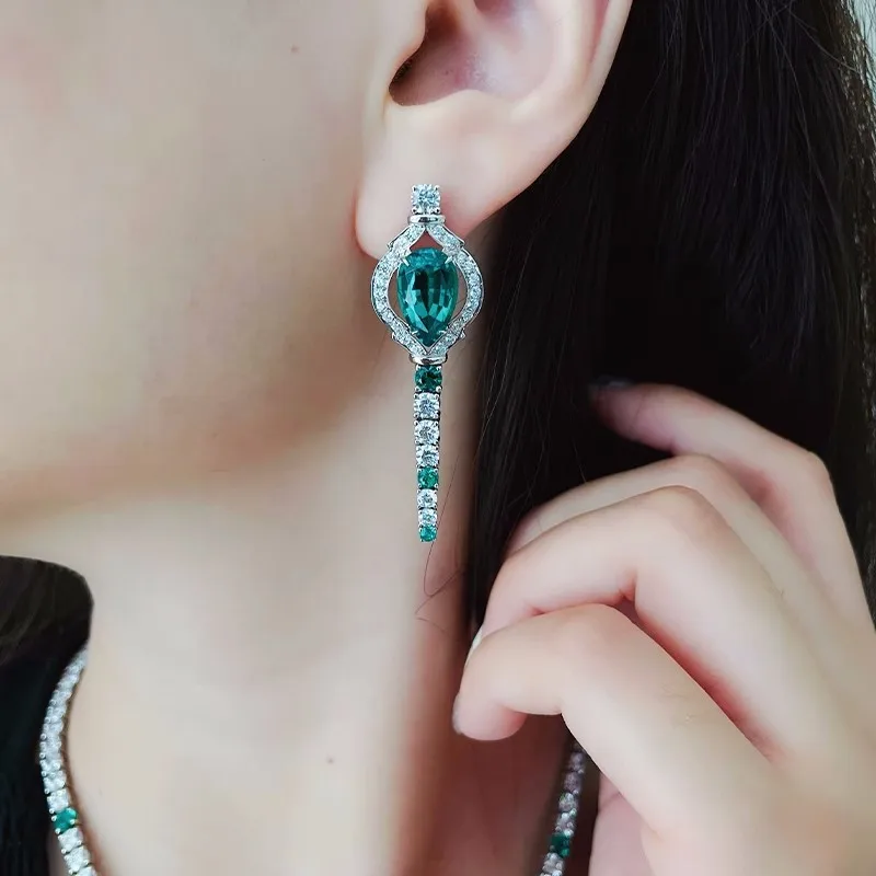 HOYON s925 Silver Diamond Crystal Emerald Women's Necklace Long Earrings Necklace Set for Wedding Party Jewelry Gift pendant necklace silver necklace