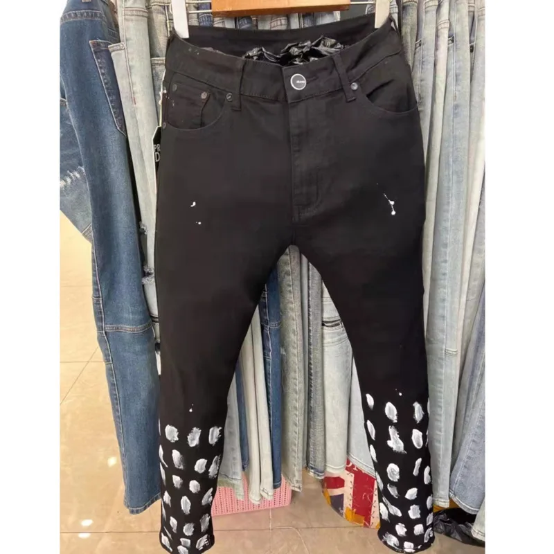 

Black Retro Splash Ink Jean Hombre Patch Biker Streetwear Ripped Denim Pant Old Wash Water Stretch Jean Skinny Tapered Trouser