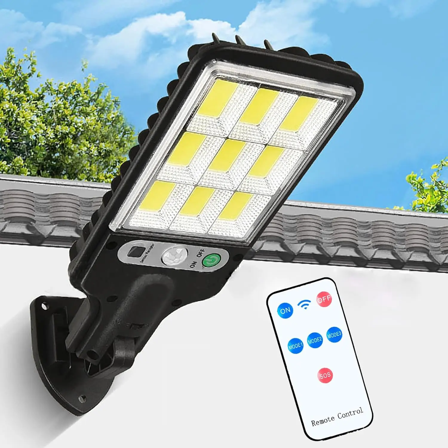 Solar Lights Outdoor Waterproof Remote Control Motion Sensor Security Lighting 3 Mode LED Wall Street Lamp for Garden Patio Path