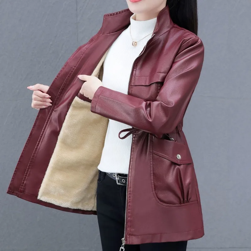2023 Autumn Winter New Stand Collar Solid Color Temperament  Long Leather PU Coat Women Season Coat Fashion Ladies Style Classy