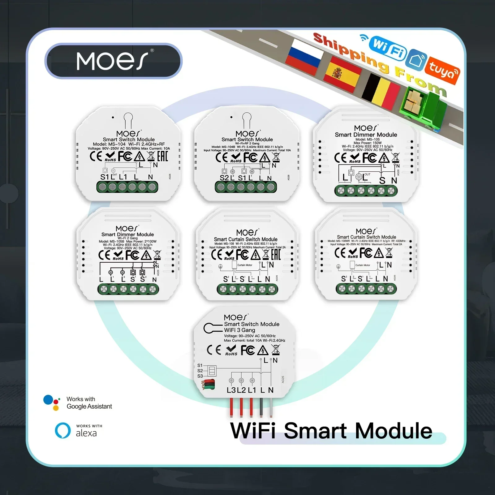 MOES Wifi 스마트 라이트 스위치 Diy 차단기 모듈 Smart Life/Tuya APP 원격 제어, Alexa Echo Google Home 1/2 Way와 함께 작동
