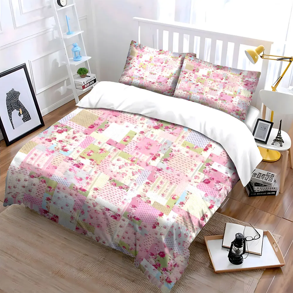 Chic Floral Patchwork Bedding Set 3PCS Vintage Pink Rose Print Duvet Cover with Pillowcases Cottage Style Bed Linen for Girls 1