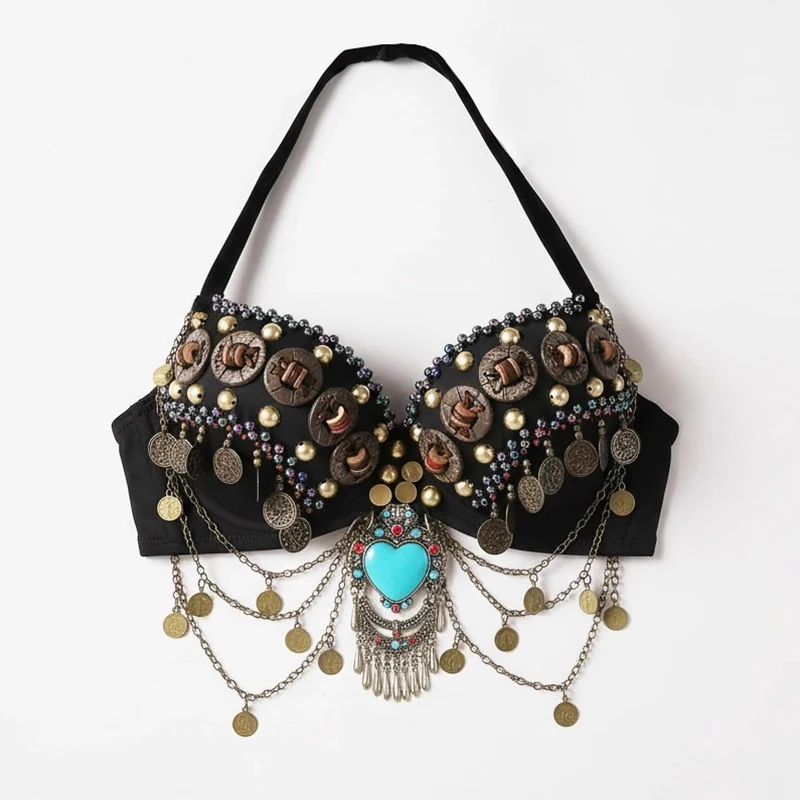 빈티지 집시 브래지어 부족 밸리 댄스 푸시 업 브래지어 나무 구슬 탑 장식 및 청록색 메달