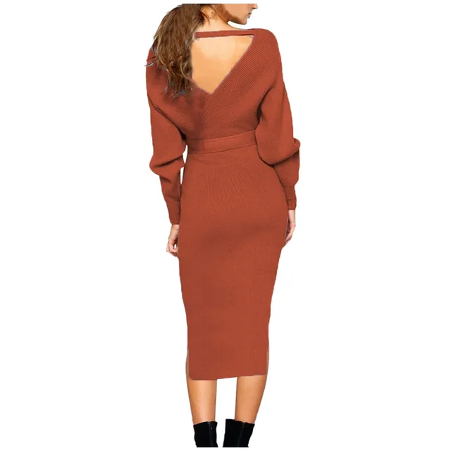 Women's Elegant V Neck Wrap Knit Sweater Dress Long Sleeve High Slit Sexy Midi Dresses with Belted Solid Color Casual Dress 2