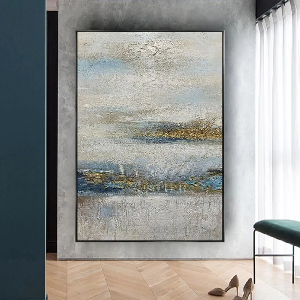 

Modern Poster Decor Home Golden Off-White Handmade Oil Painting On Canvas Abstract Sky View Retro Texture Acrylic Wall Picture