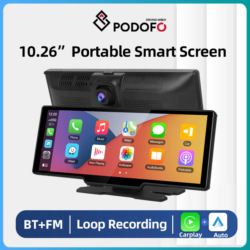 

Podofo 10.26inch Car DVR 2.5K Dash Cam Three Camera Recorder Wireless CarPlay Android Auto Airplay Drive Recorder BT FM AUX