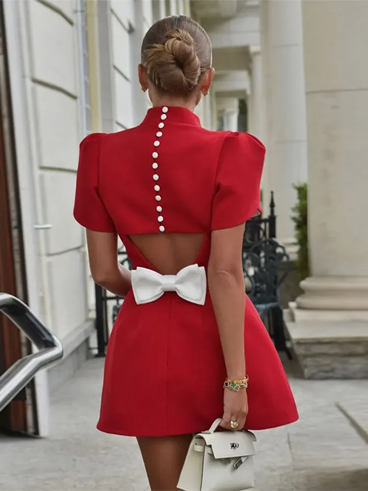 Sexy Backless Hollow Out 3d Bow Mini Dress Elegant Solid Short Sleeve High Waist A Line Short Dresses Autumn New Lady Party Robe 6