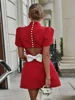 Sexy Backless Hollow Out 3d Bow Mini Dress Elegant Solid Short Sleeve High Waist A Line Short Dresses Autumn New Lady Party Robe 6