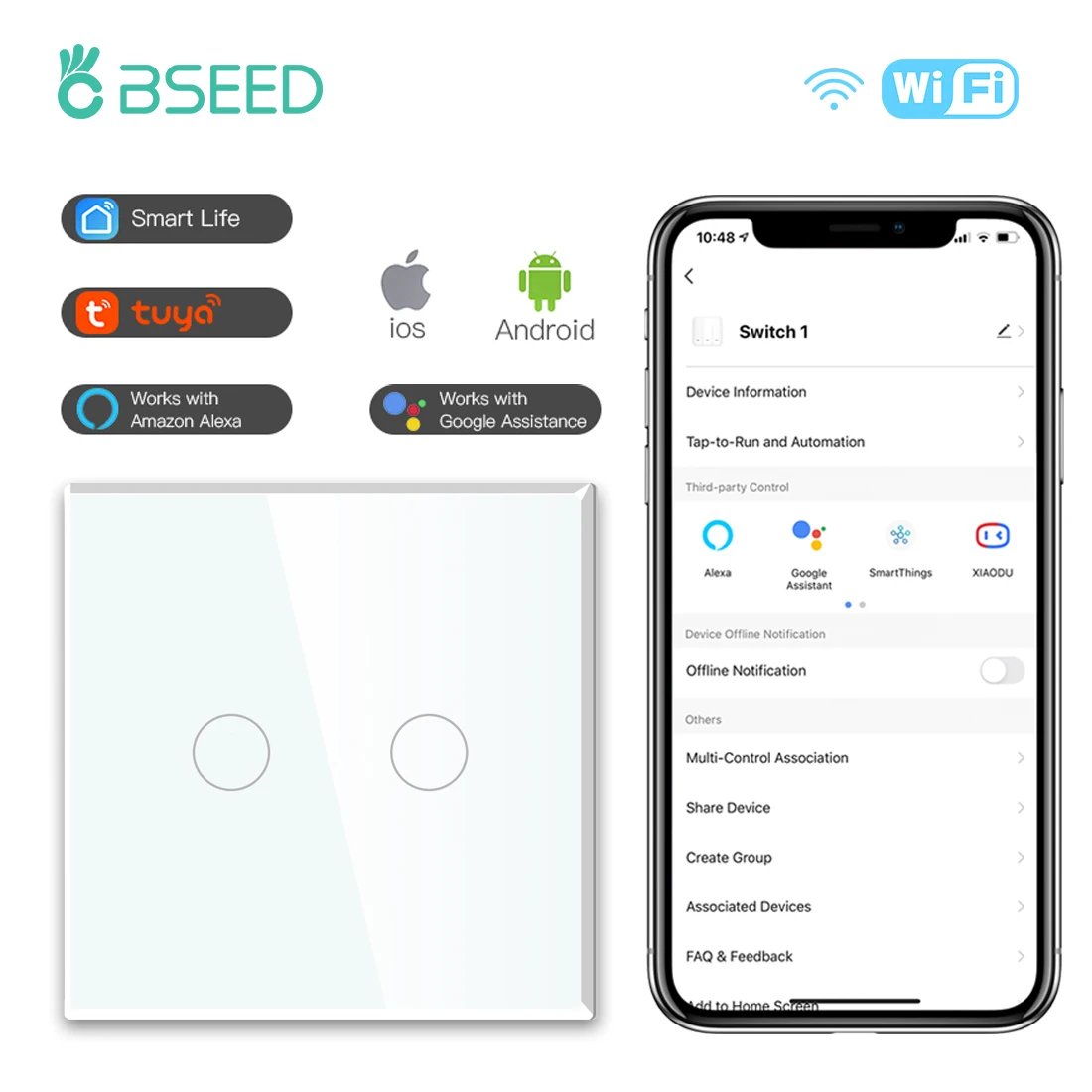 Bseed 1/2/3Gang Wifi Touch Switch 1/2/3Way Smart Light Switch Pannello In Vetro Tuya Google Smart Life Alexa Alice App Control