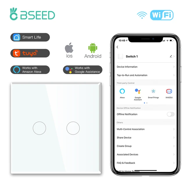 BSEED-Interruptor táctil de luz LED, 2 entradas, 1/2/3 vías, inalámbrico,  Wifi, Alexa, Smart Life, Control por aplicación Tuya, 2 paquetes