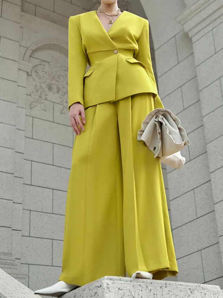 [LANMREM] Elegant Suits 2 Set For Women Gathered Waist Blazers High Waist Pleasted Wide Leg Pants Fashion 2024 New 26D8939