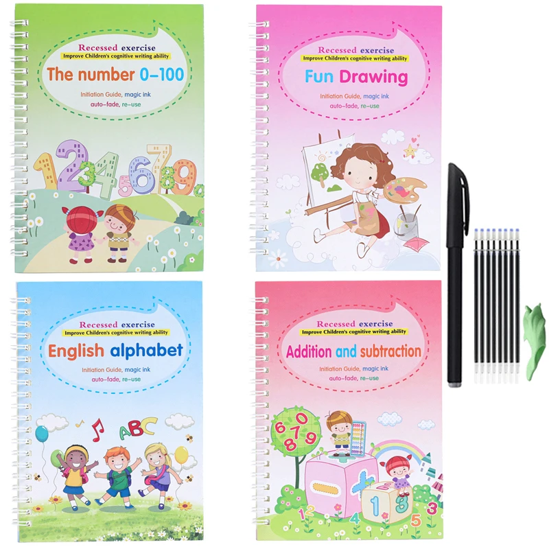 4 ספרים קופיבוק עט אנגלית עותק קסם ספר עותק אוטומטי נעלמים דיו ילדים כתיבה בפועל מדבקה עבור ילדים להארה מתנה