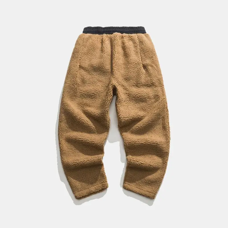 Winter Men Solid Color Fleece Pants Male Vintage Fashion Thick Oversized Harem Pants Men Lamb Wool Warm Trousers