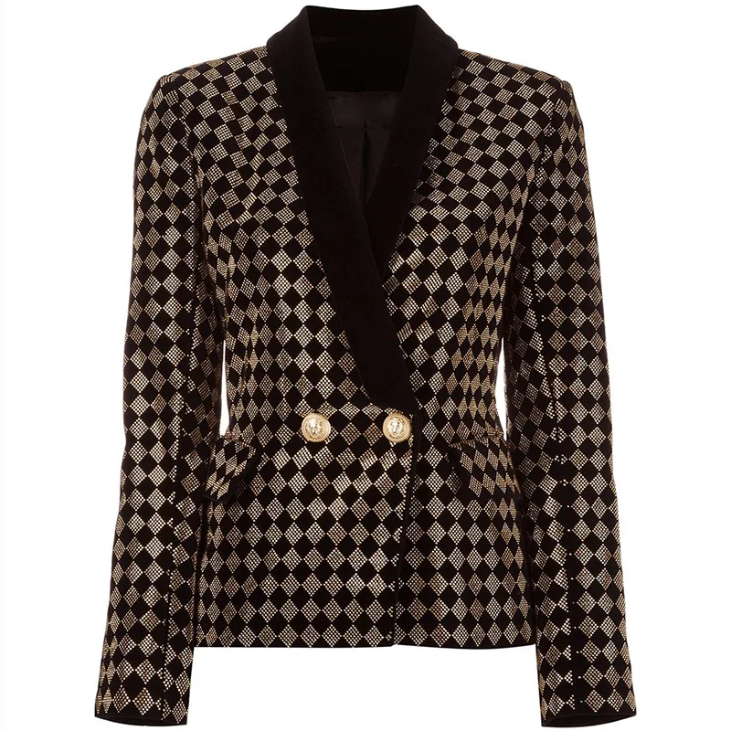 Fashion Black Plaid Blazer Coat For Women High Street Newest 2023 Designer Jacket top Shawl Collar Diamonds Velvet Female Blazer