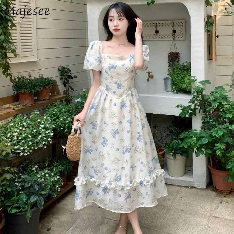 

Sweet Midi Dress Women Summer Print Temper A-line Clothing Square Collar Aesthetics Elegant French Streetwear Gentle Fashion INS
