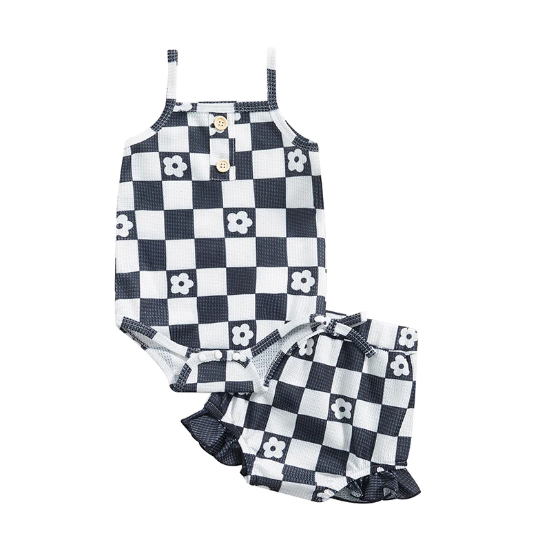 

Baby Girl Summer Rompers Set Checkerboard Floral Print Sleeveless Jumpsuit and Casual Ruffle Shorts Outfit