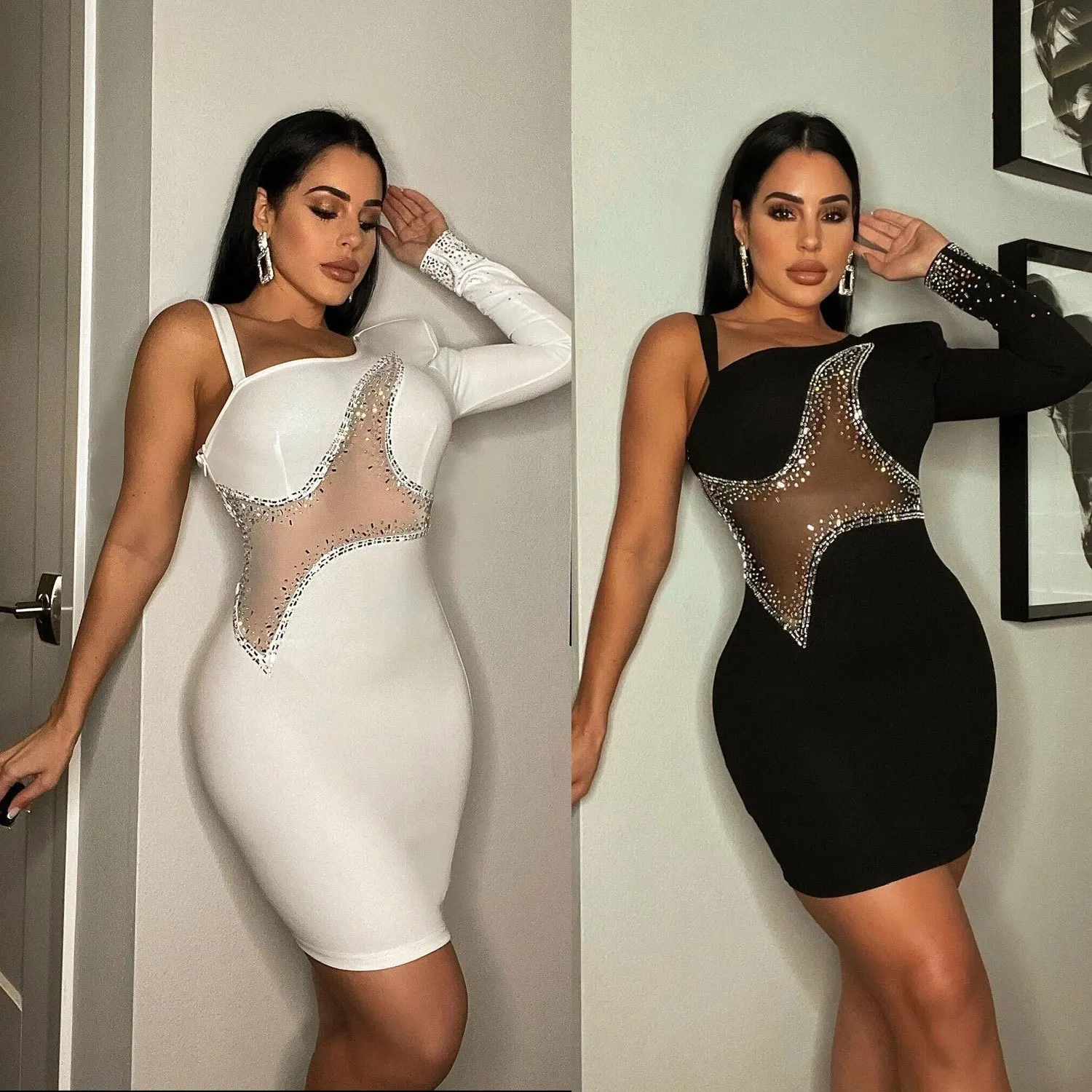 

SKMY Elegant Party Dresses Women One-Shoulder Diamond Mesh Patchwork Slim White Female Short Dresses 2023 Bodycon Clubwear Lady