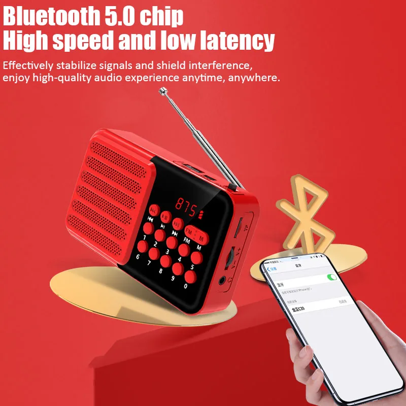 Mini FM Radio Portable Radios Receiver Bluetooth Stereo Speaker MP3 Player with MIC/LCD Display Support TF Card Headphones Play