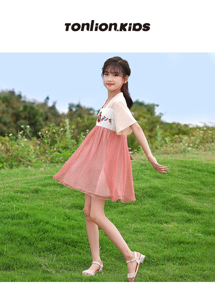 TON LION KIDS 2022 Summer Cute Tulle Fashion Short Sleeve Dress Patchwork Plaid Dress Ages 5-12 Girls Dresses Kids Dress christmas dress