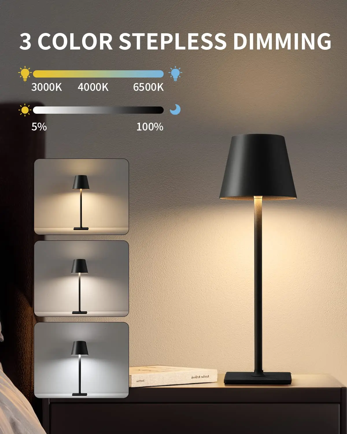 3 Color Temperature LED Eye Protection Table Lamp Stepless Dimming Touch Control Rechargeable Batter For Dining Room/Living Room 5
