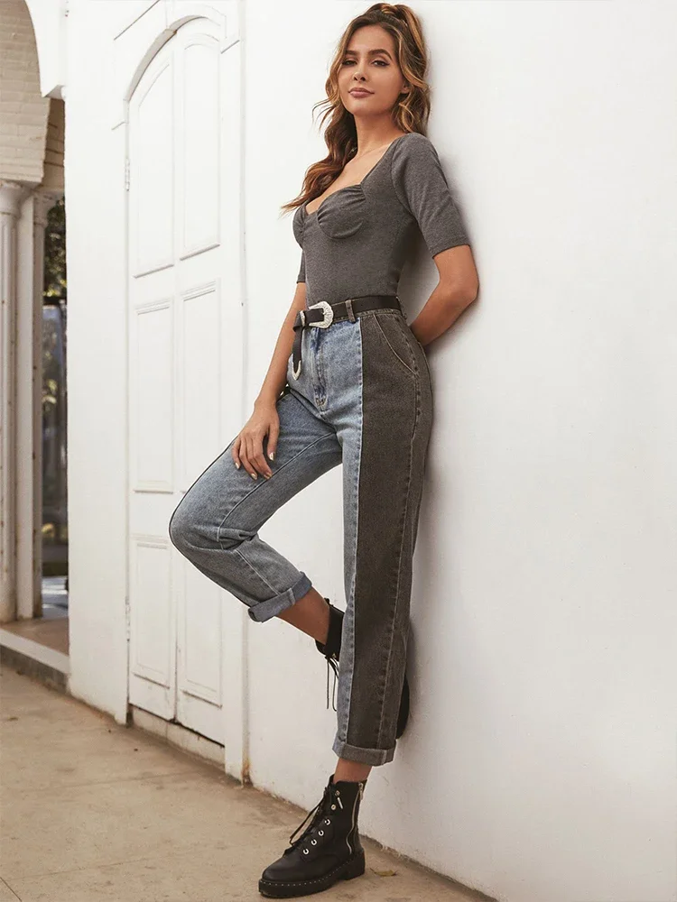 Patchwork Casual Loose Trousers Boyfriend Women's Fashion Women's Fashion Contrast Stitching All-match Wash High Waist Jeans