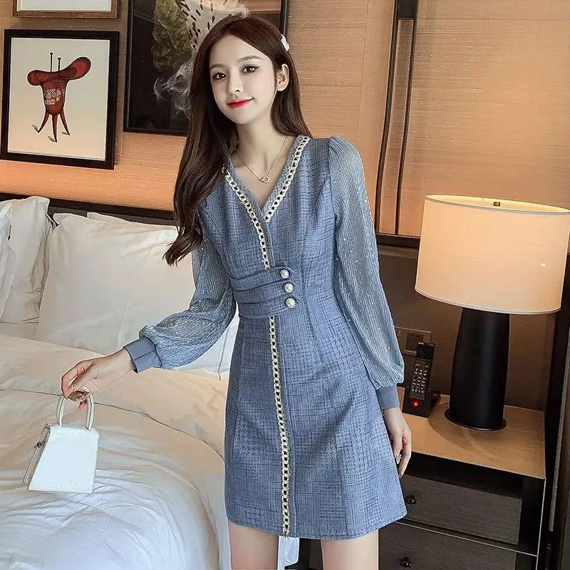 

S-2XL Womens A-line Knee-length Dress Spring Autumn Female Vestidos Long Sleeve V-neck Button Fly Sequin Ladies Clothes Hw80