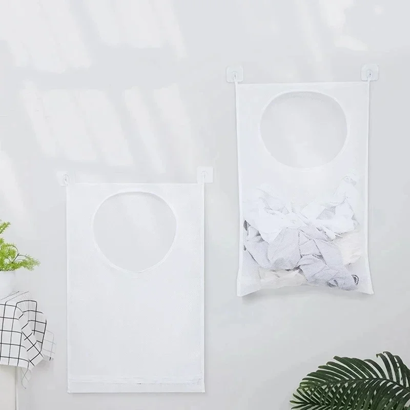 Foldable Mesh Dirty Clothes Storage Bag with Hook - Wall Hanging Laundry Basket Frame Bucket for Clothing Org