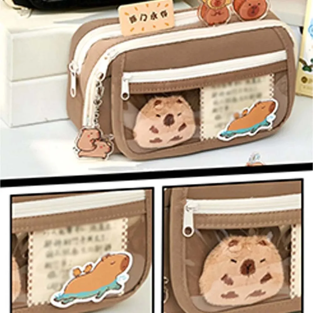 Creative Cute Capybara Pencil Case with Hanging Ornaments Brooch Random Stickers Ideal for School Office Animal Lovers