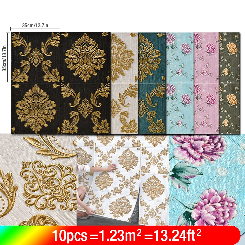 10Pcs 35x35cm 3D Self-Adhesive Panel Wall Stickers Waterproof Foam Tile Living Room TV Background Protection Baby Wallpaper