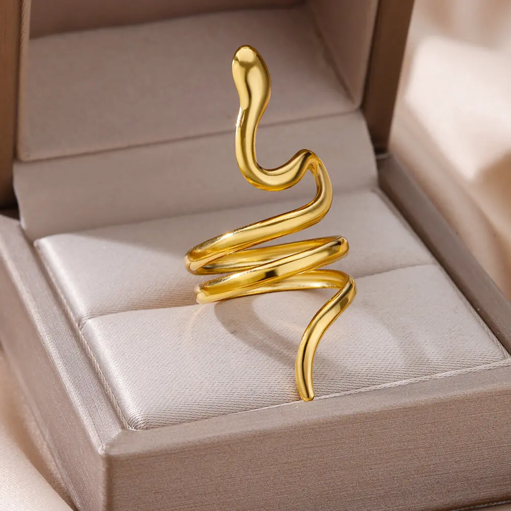 Stainless Steel Snake Rings For Women Men Gold Plated Open Adjustable Zircon